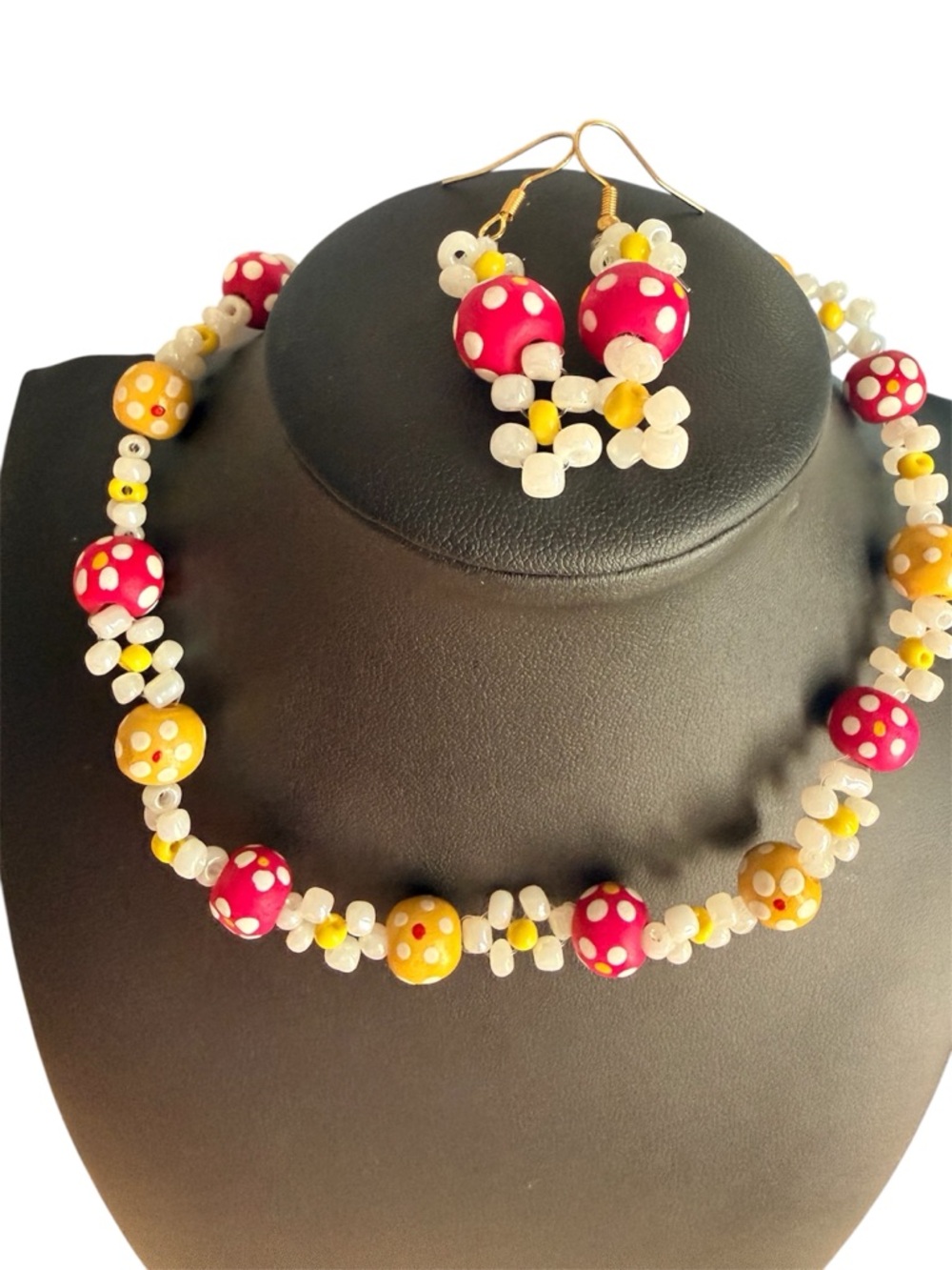 Handmade Pink & Yellow Polka Dot Beaded Necklace and Earring Set